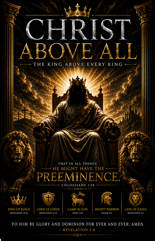 Christ Above All Christian poster featuring Christ seated on a throne with lions, a crown, and biblical titles including King of Kings, Lord of Lords, Lamb of God, Mighty Warrior, and Lion of Judah.