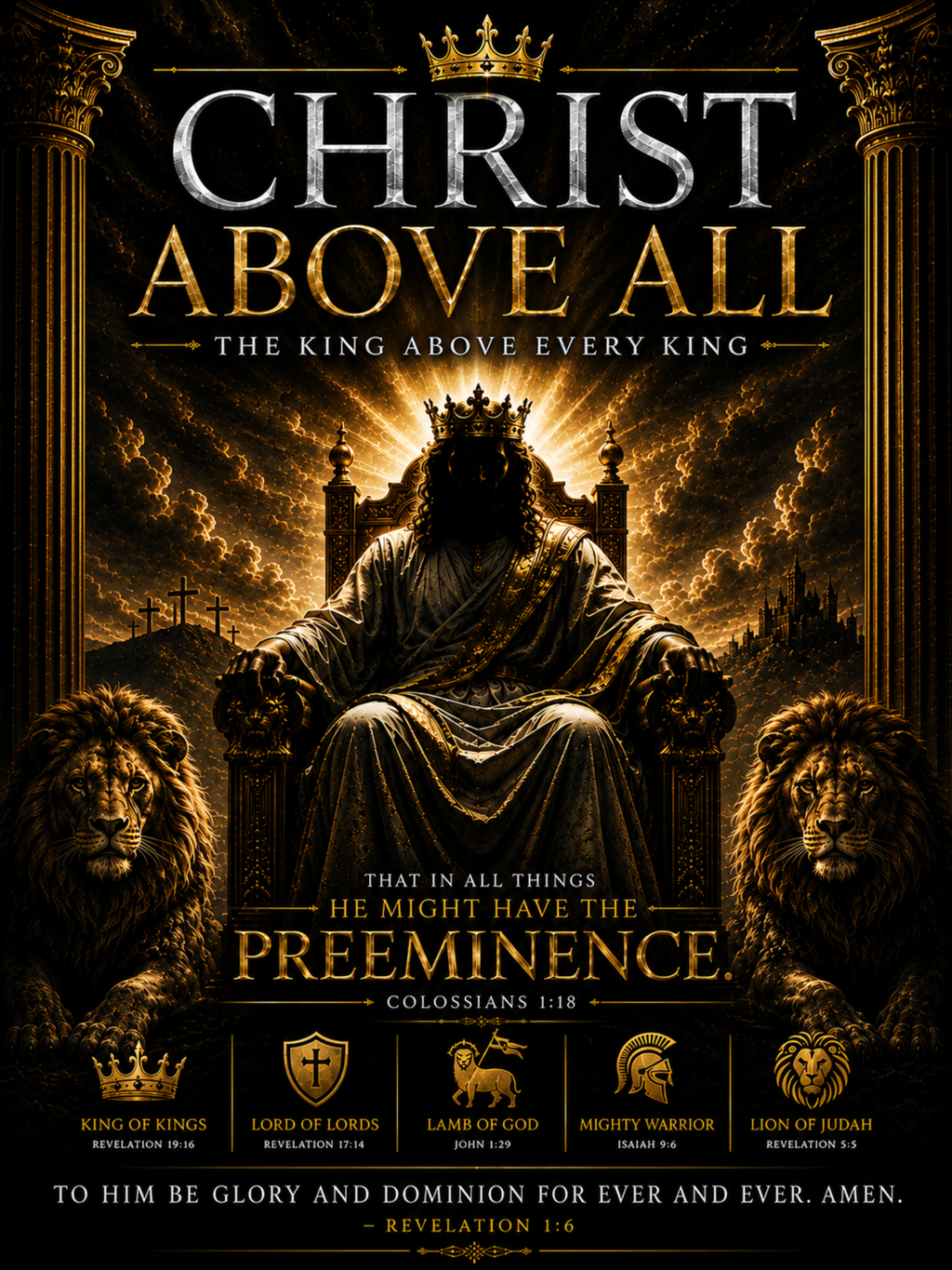 Christ Above All Christian poster featuring Christ seated on a throne with lions, a crown, and biblical titles including King of Kings, Lord of Lords, Lamb of God, Mighty Warrior, and Lion of Judah.
