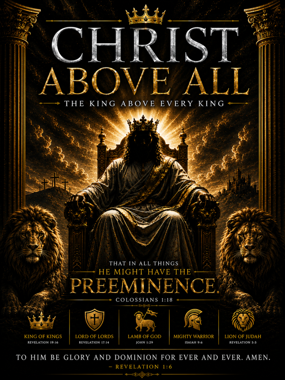 Christ Above All Christian poster featuring Christ seated on a throne with lions, a crown, and biblical titles including King of Kings, Lord of Lords, Lamb of God, Mighty Warrior, and Lion of Judah.