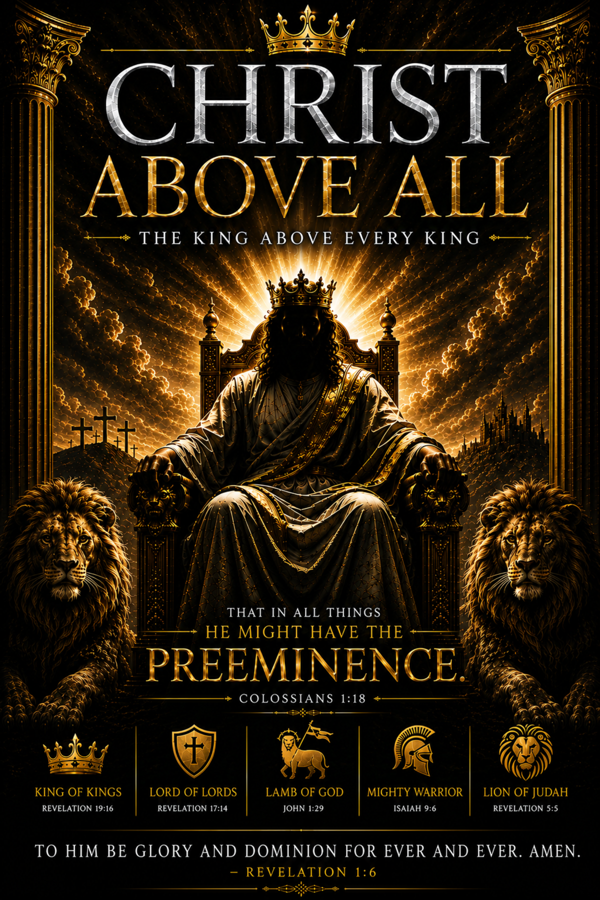 Christ Above All Christian poster featuring Christ seated on a throne with lions, a crown, and biblical titles including King of Kings, Lord of Lords, Lamb of God, Mighty Warrior, and Lion of Judah.