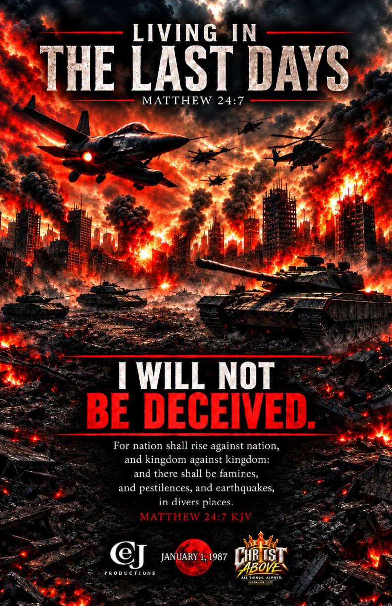 Living in the Last Days — I Will Not Be Deceived — Christian wall art poster featuring Matthew 24:7, a war-torn city, military aircraft, tanks, fire, and the message “I Will Not Be Deceived.”