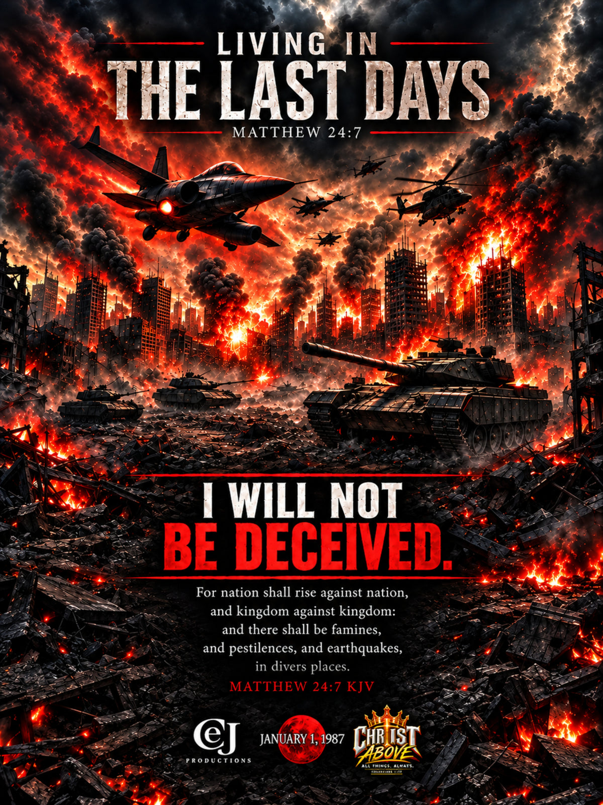 Living in the Last Days — I Will Not Be Deceived — Christian wall art poster featuring Matthew 24:7, a war-torn city, military aircraft, tanks, fire, and the message I Will Not Be Deceived.