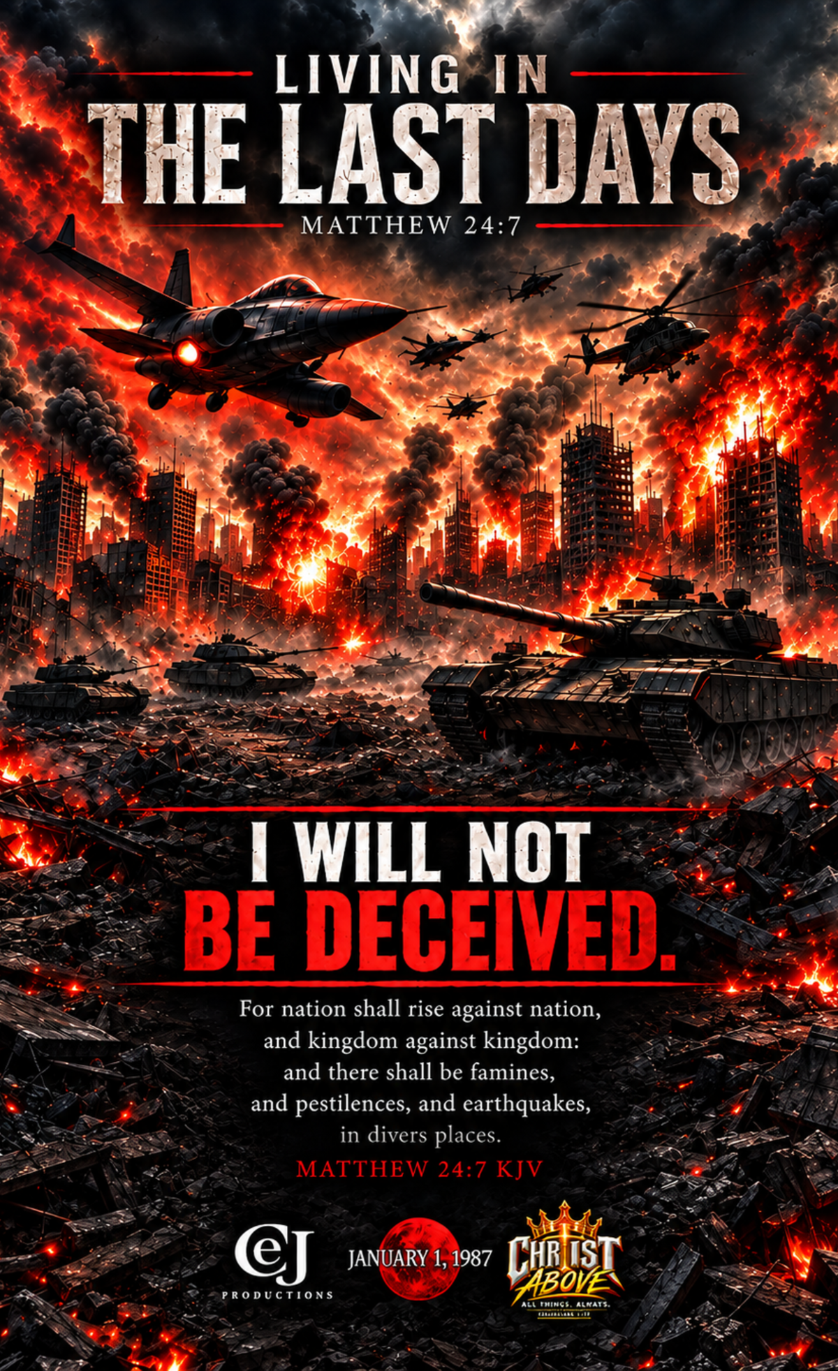 Living in the Last Days — I Will Not Be Deceived — Christian wall art poster featuring Matthew 24:7, a war-torn city, military aircraft, tanks, fire, and the message “I Will Not Be Deceived.”