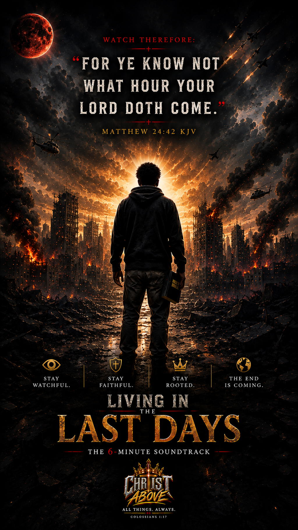 Living in the Last Days phone wallpaper featuring an apocalyptic city, a lone figure holding a Bible, and Matthew 24:42 KJV.