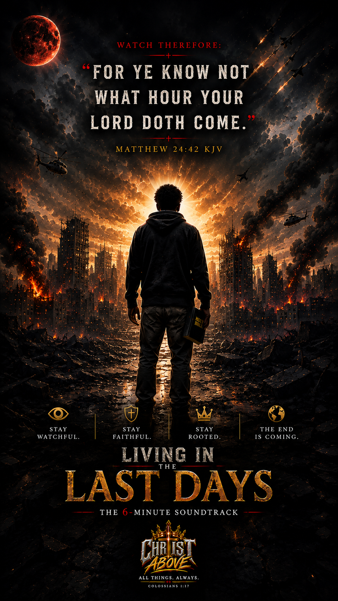 Living in the Last Days phone wallpaper featuring an apocalyptic city, a lone figure holding a Bible, and Matthew 24:42 KJV.
